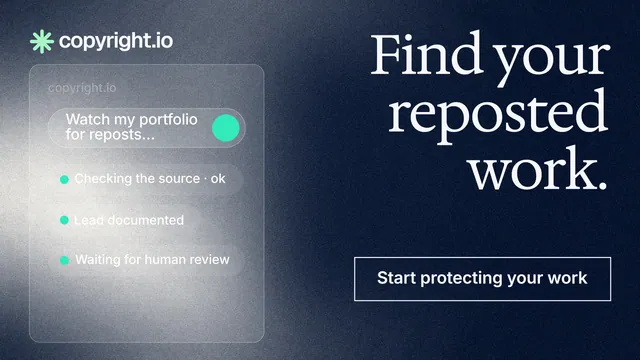 Landscape graphic for copyright.io: "Find your reposted work." Cyanotype style, right layout, dark palette in black, grey, blue.