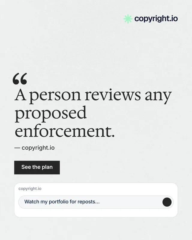 Instagram portrait post for copyright.io: "A person reviews any proposed enforcement." Swiss style, quote layout, light palette in white, grey.
