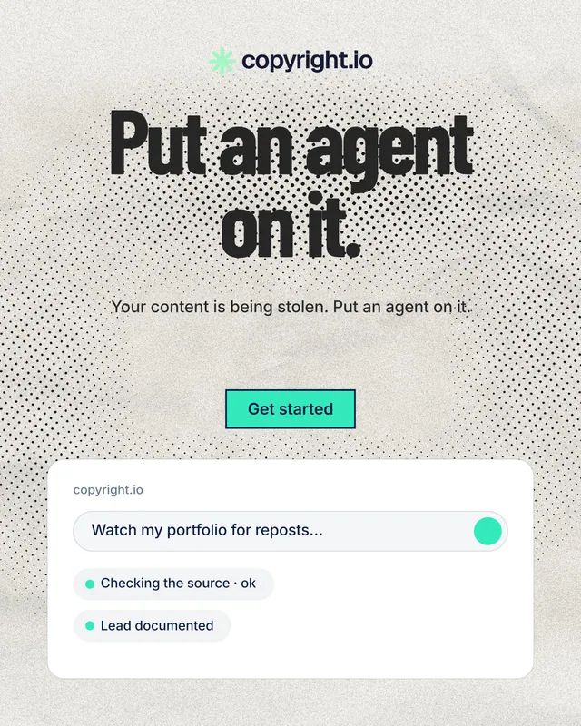 Instagram portrait post for copyright.io: "Put an agent on it." Ink sticker style, centred layout, light palette in white, grey.