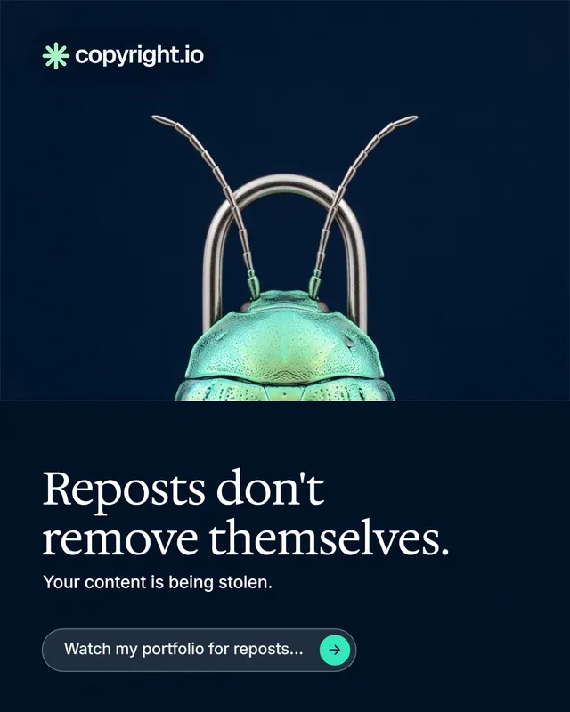 Instagram portrait post for copyright.io: "Reposts don't remove themselves." Agentic glass style, bottom layout, dark palette in black, grey, blue.