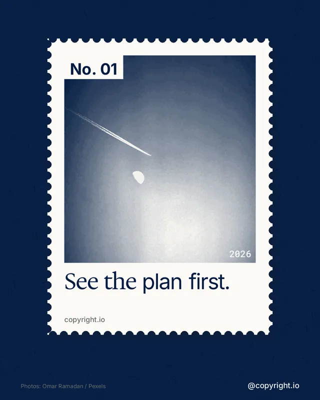 Instagram portrait post for copyright.io: "See the plan first." Single style, technique:stamp series layout, dark palette in blue, white, grey.