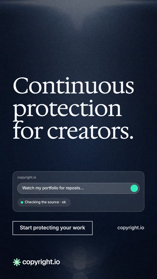 Instagram story for copyright.io: "Continuous protection for creators." Dark deco style, poster layout, dark palette in black, blue, grey.