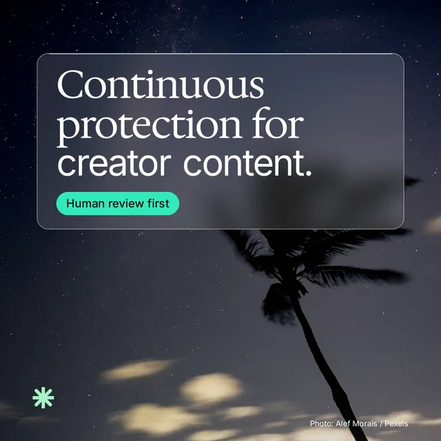 Instagram post for copyright.io: "Continuous protection for creator content." Glass style, technique:pexels ingredient layout, dark palette in grey, black.