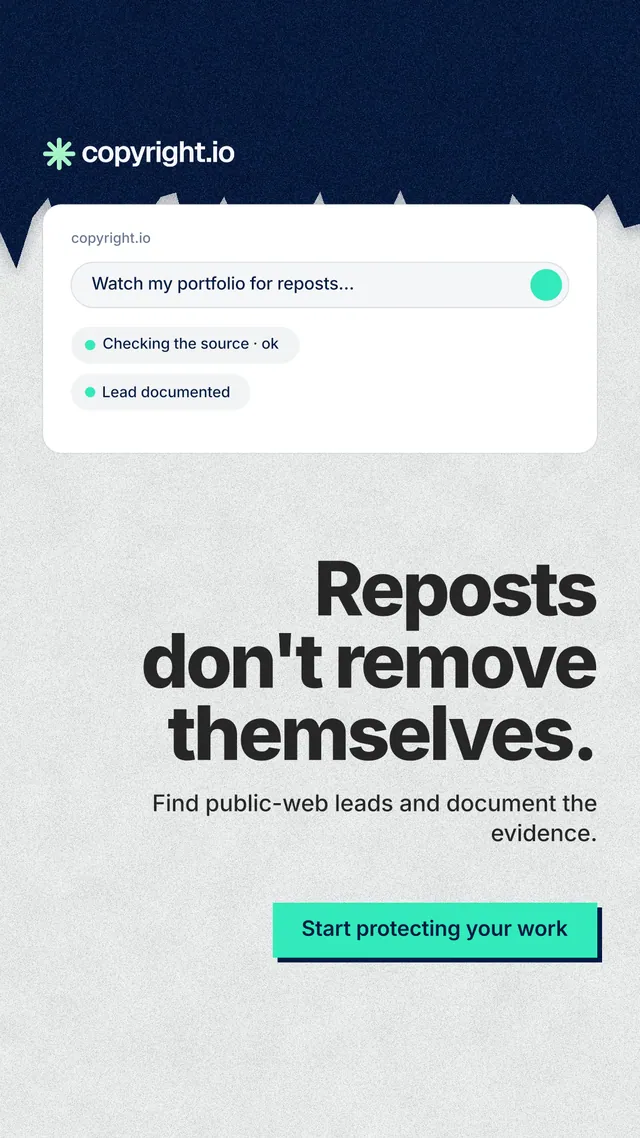 Instagram story for copyright.io: "Reposts don't remove themselves." Paper trio style, right layout, light palette in white, blue.