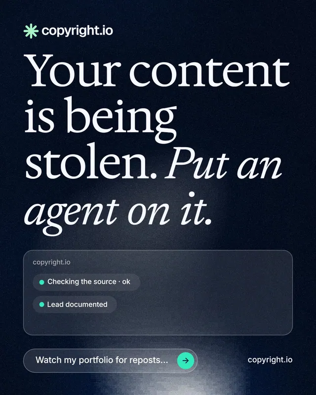 Instagram portrait post for copyright.io: "Your content is being stolen. Put an agent on it." Thermal style, poster layout, dark palette in blue, black, grey.