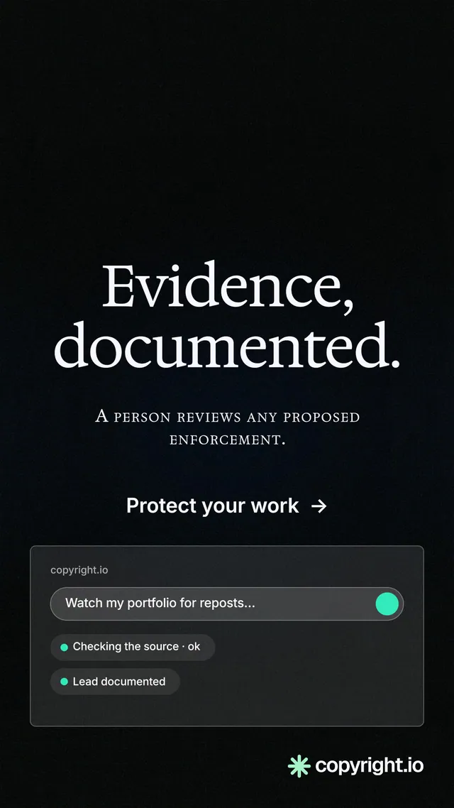 Instagram story for copyright.io: "Evidence, documented." Phosphor atlas style, smallcaps layout, dark palette in black.