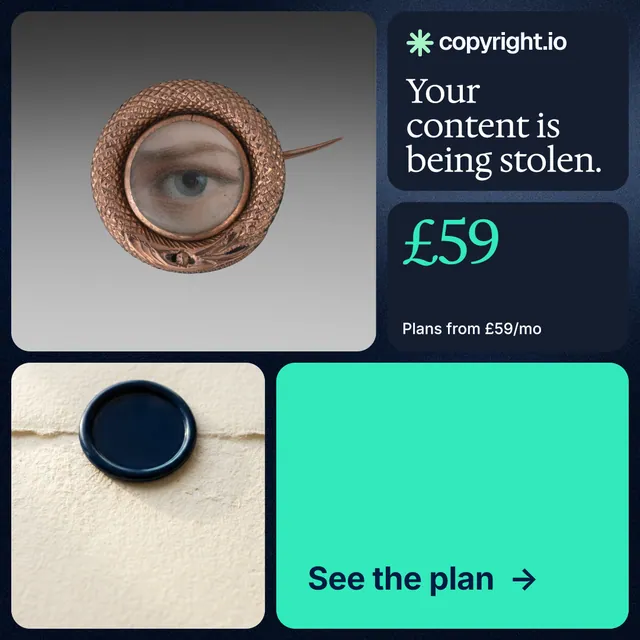 Instagram post for copyright.io: "Your content is being stolen." Agentic glass style, bento layout, light palette in grey, blue, teal.