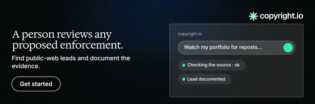 X header for copyright.io: "A person reviews any proposed enforcement." Phosphor atlas style, bottom layout, dark palette in black, grey.
