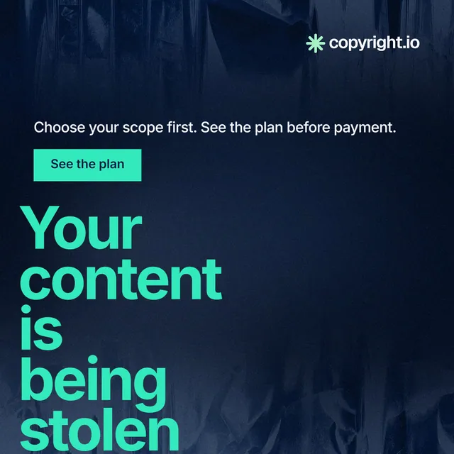 Instagram post for copyright.io: "Your content is being stolen." Swiss style, oversized layout, dark palette in blue, black, teal.