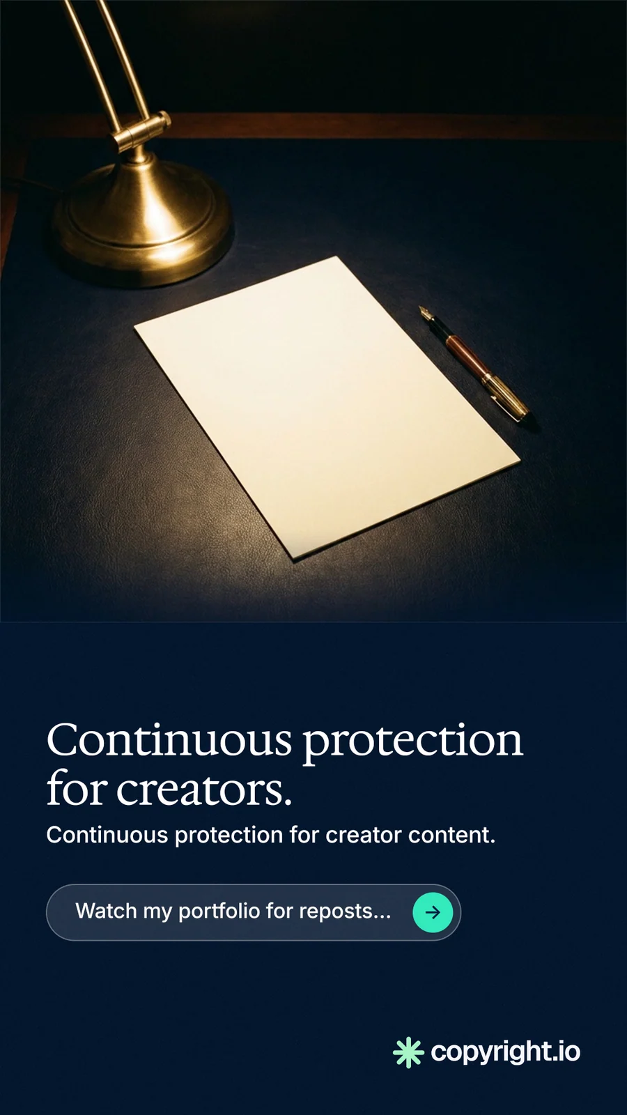 Instagram story for copyright.io: "Continuous protection for creators." Agentic glass style, bottom layout, dark palette in black, grey.
