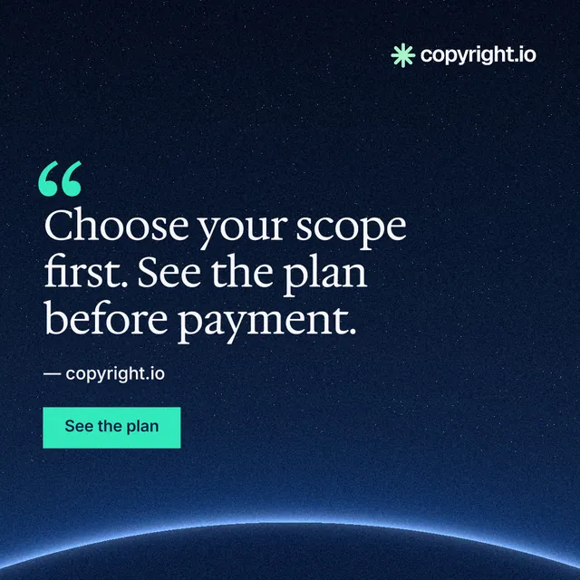 Instagram post for copyright.io: "Choose your scope first. See the plan before payment." Swiss style, quote layout, dark palette in blue, black.