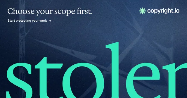 Social ad for copyright.io: "Choose your scope first." Agentic glass style, ogword layout, dark palette in blue, teal.