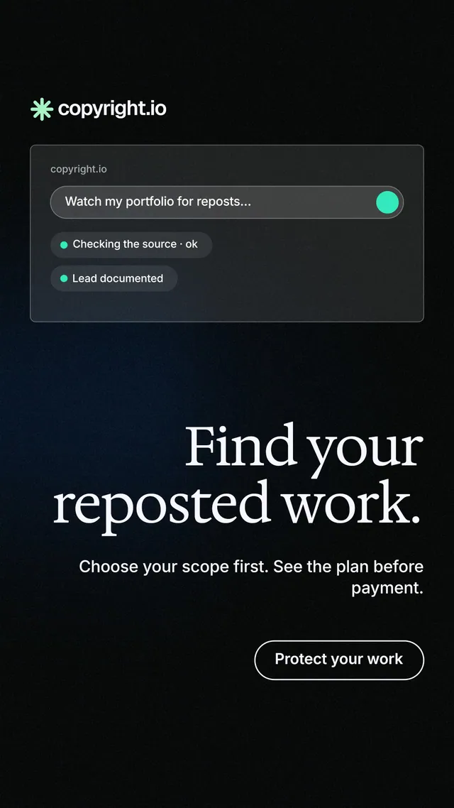 Instagram story for copyright.io: "Find your reposted work." Phosphor atlas style, right layout, dark palette in black.