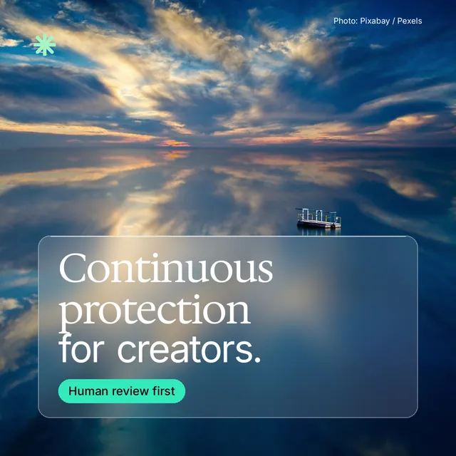 Instagram post for copyright.io: "Continuous protection for creators." Glass style, technique:pexels ingredient layout, dark palette in grey, blue.