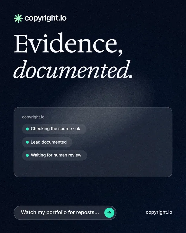Instagram portrait post for copyright.io: "Evidence, documented." Thermal style, poster layout, dark palette in blue, black, grey.