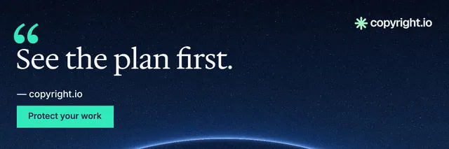X header for copyright.io: "See the plan first." Swiss style, quote layout, dark palette in blue, black, teal.