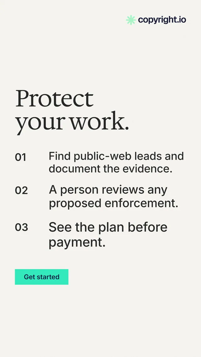 Instagram story for copyright.io: "Protect your work." Swiss style, numbered layout, light palette in white, grey, green.