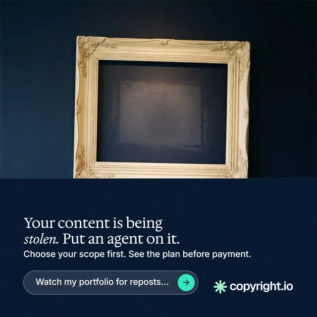 Instagram post for copyright.io: "Your content is being stolen. Put an agent on it." Agentic glass style, bottom layout, dark palette in black, blue, grey.