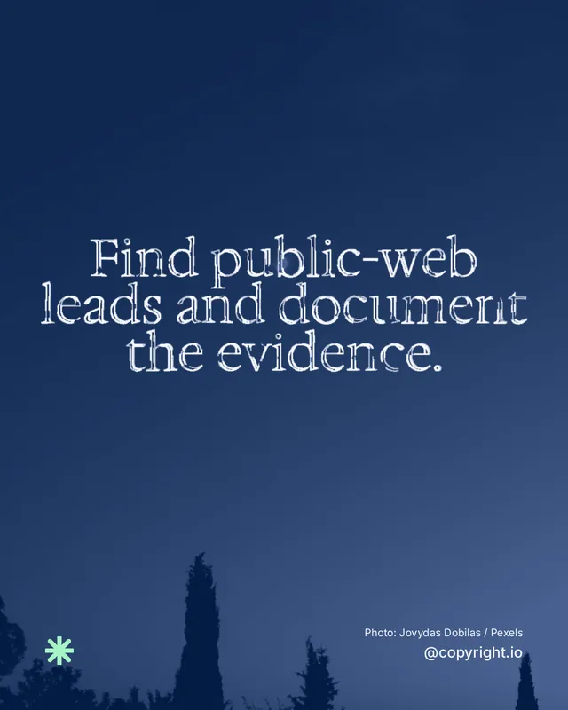 Instagram portrait post for copyright.io: "Find public-web leads and document the evidence." Scribble style, technique:raster type fx layout, dark palette in blue.
