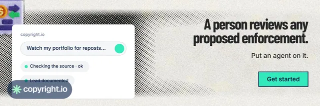 X header for copyright.io: "A person reviews any proposed enforcement." Ink sticker style, right layout, light palette in white, grey.