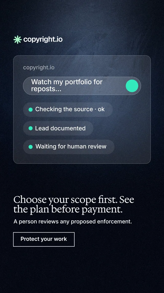 Instagram story for copyright.io: "Choose your scope first. See the plan before payment." Dark deco style, bottom layout, dark palette in black, blue, grey.
