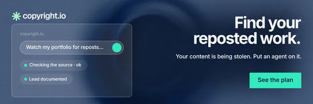 X header for copyright.io: "Find your reposted work." Swiss style, right layout, dark palette in blue.