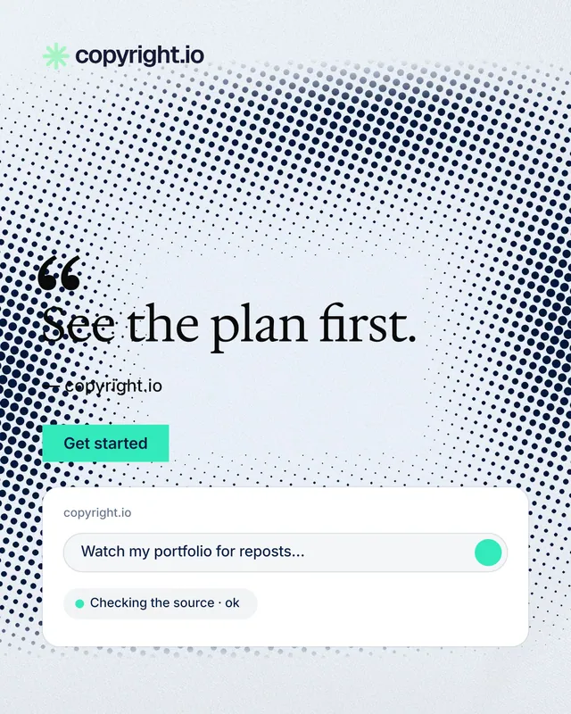 Instagram portrait post for copyright.io: "See the plan first." Swiss style, quote layout, light palette in blue, grey, white.