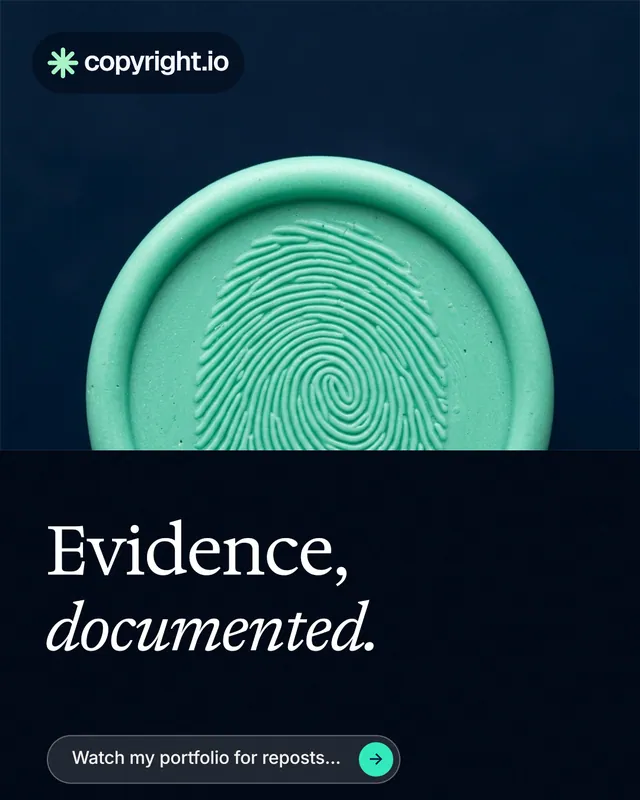 Instagram portrait post for copyright.io: "Evidence, documented." Agentic glass style, bottom layout, dark palette in black, blue, teal.
