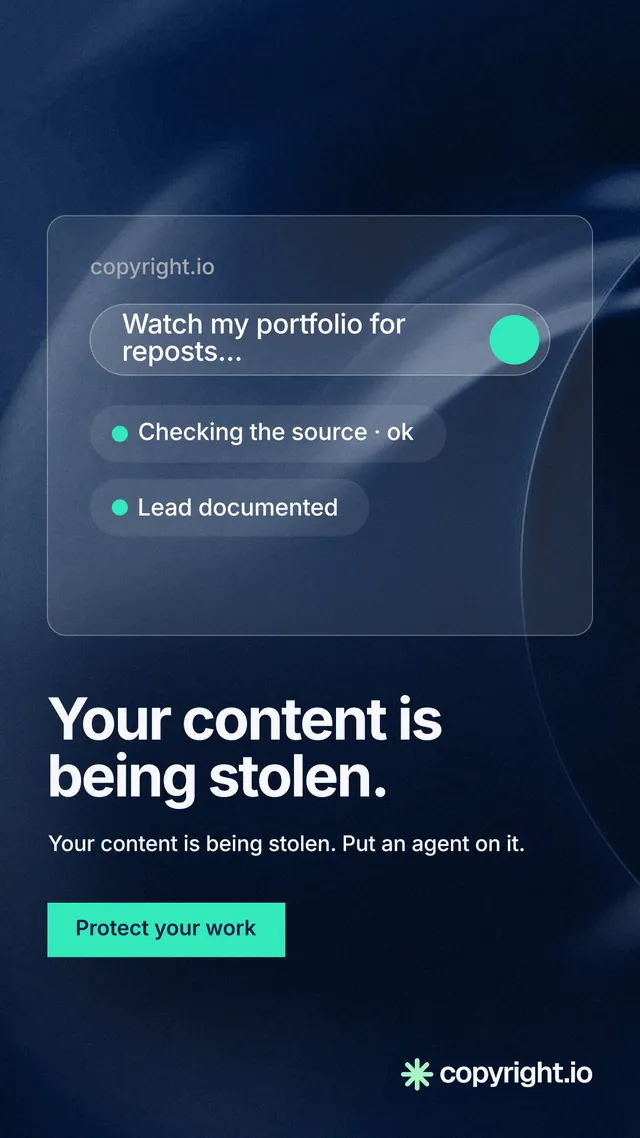 Instagram story for copyright.io: "Your content is being stolen." Swiss style, bottom layout, dark palette in black, blue, teal.