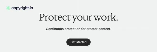 X header for copyright.io: "Protect your work." Data card style, centred layout, light palette in white.