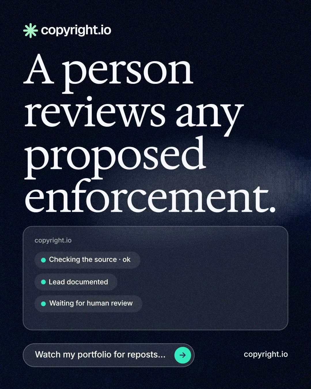 Instagram portrait post for copyright.io: "A person reviews any proposed enforcement." Thermal style, poster layout, dark palette in blue, black, grey.