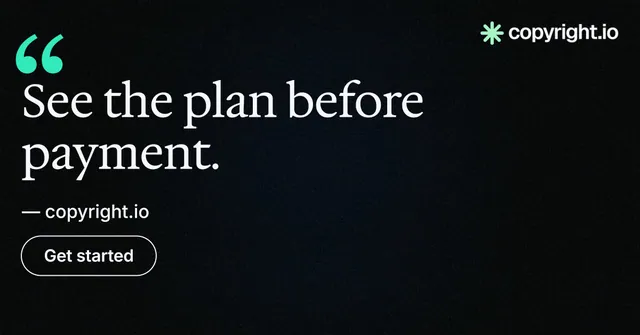 Social ad for copyright.io: "See the plan before payment." Phosphor atlas style, quote layout, dark palette in black.
