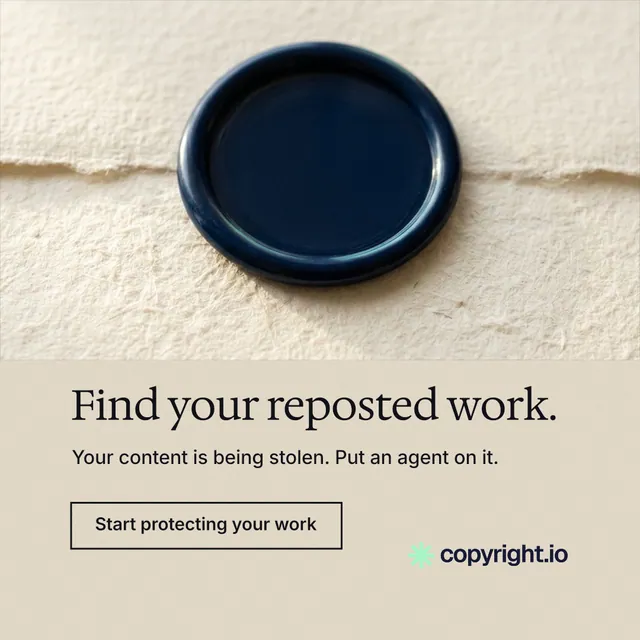 Instagram post for copyright.io: "Find your reposted work." Editorial style, bottom layout, light palette in orange, yellow, grey.