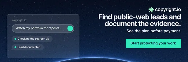 X header for copyright.io: "Find public-web leads and document the evidence." Swiss style, right layout, dark palette in blue, black, teal.