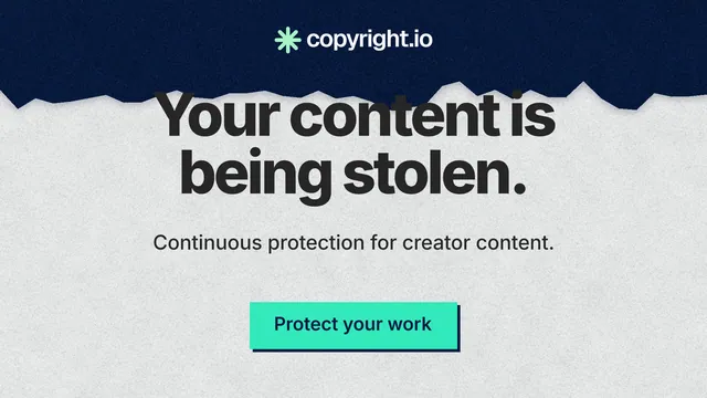 Landscape graphic for copyright.io: "Your content is being stolen." Paper trio style, centred layout, light palette in white, blue, grey.