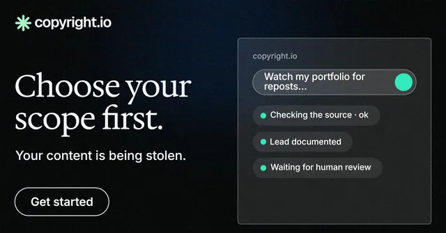 Social ad for copyright.io: "Choose your scope first." Phosphor atlas style, bottom layout, dark palette in black, grey.