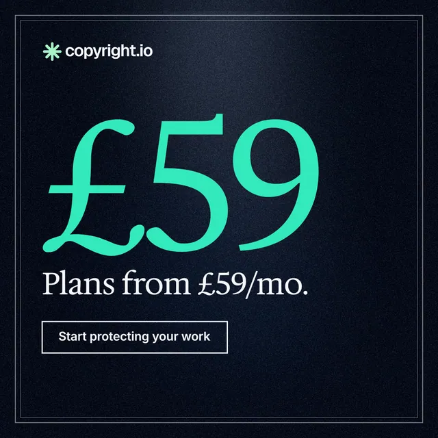 Instagram post for copyright.io: "Find your reposted work." Dark deco style, stat layout, dark palette in black, teal.