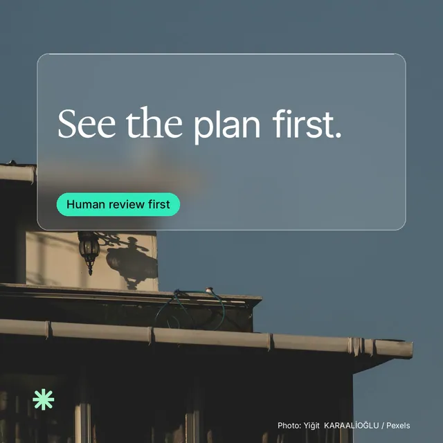 Instagram post for copyright.io: "See the plan first." Glass style, technique:pexels ingredient layout, dark palette in grey, black.