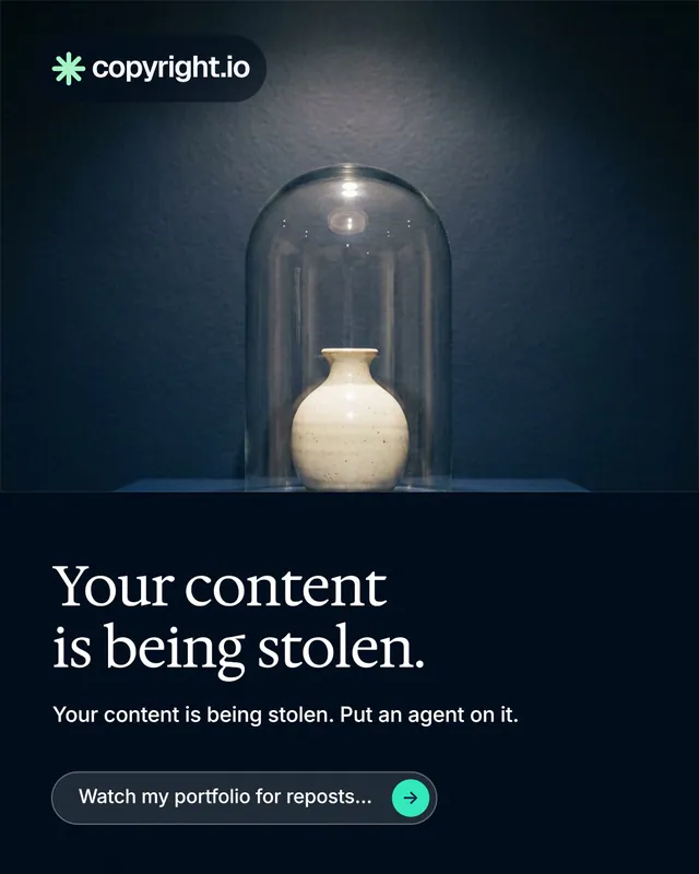 Instagram portrait post for copyright.io: "Your content is being stolen." Agentic glass style, bottom layout, dark palette in blue, black, grey.