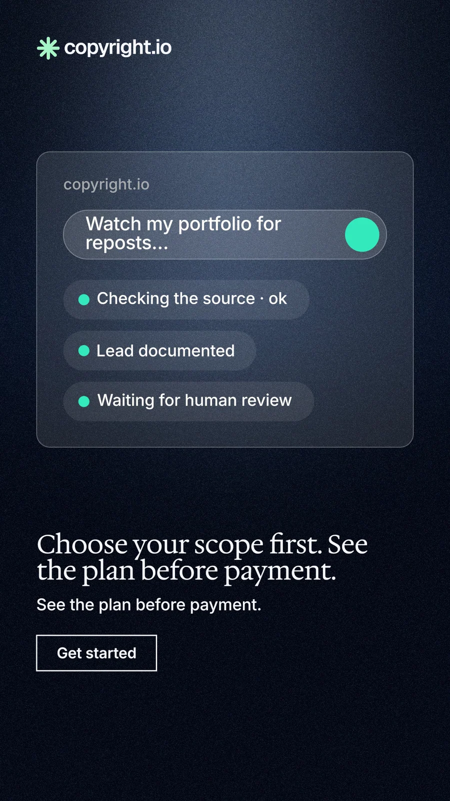 Instagram story for copyright.io: "Choose your scope first. See the plan before payment." Dark deco style, bottom layout, dark palette in black, blue, grey.