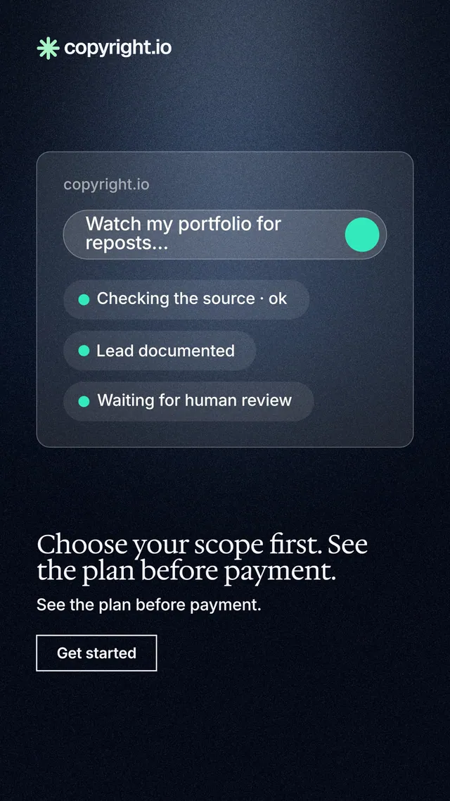 Instagram story for copyright.io: "Choose your scope first. See the plan before payment." Dark deco style, bottom layout, dark palette in black, blue, grey.