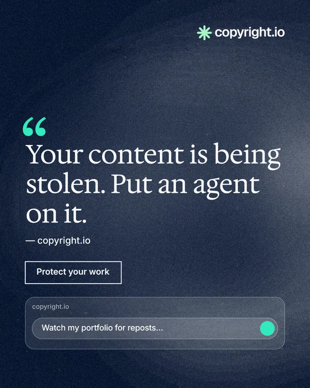Instagram portrait post for copyright.io: "Your content is being stolen. Put an agent on it." Cyanotype style, quote layout, dark palette in blue, grey.