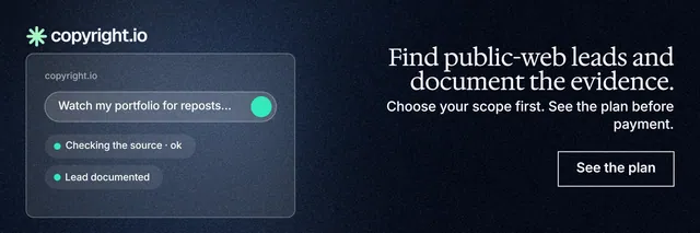 X header for copyright.io: "Find public-web leads and document the evidence." Dark deco style, right layout, dark palette in grey, blue, black.