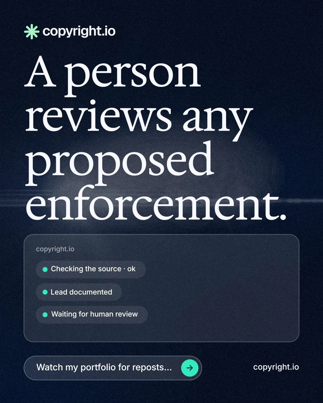 Instagram portrait post for copyright.io: "A person reviews any proposed enforcement." Thermal style, poster layout, dark palette in blue, black, grey.