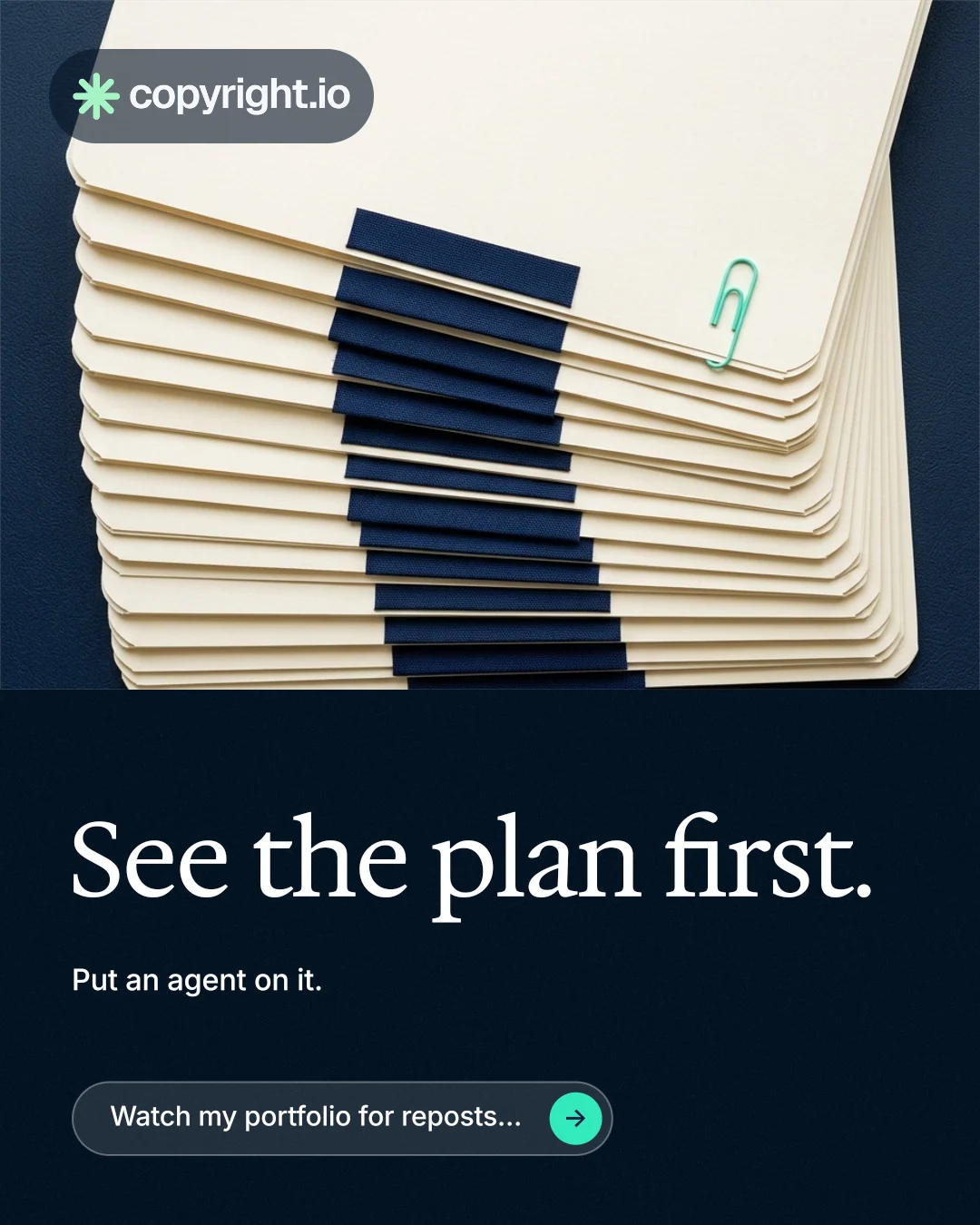 Instagram portrait post for copyright.io: "See the plan first." Agentic glass style, bottom layout, dark palette in black, yellow, blue.