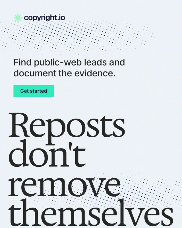 Instagram portrait post for copyright.io: "Reposts don't remove themselves." Swiss style, oversized layout, light palette in white, grey.