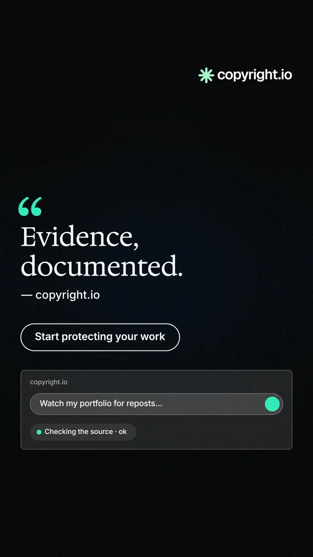 Instagram story for copyright.io: "Evidence, documented." Phosphor atlas style, quote layout, dark palette in black.
