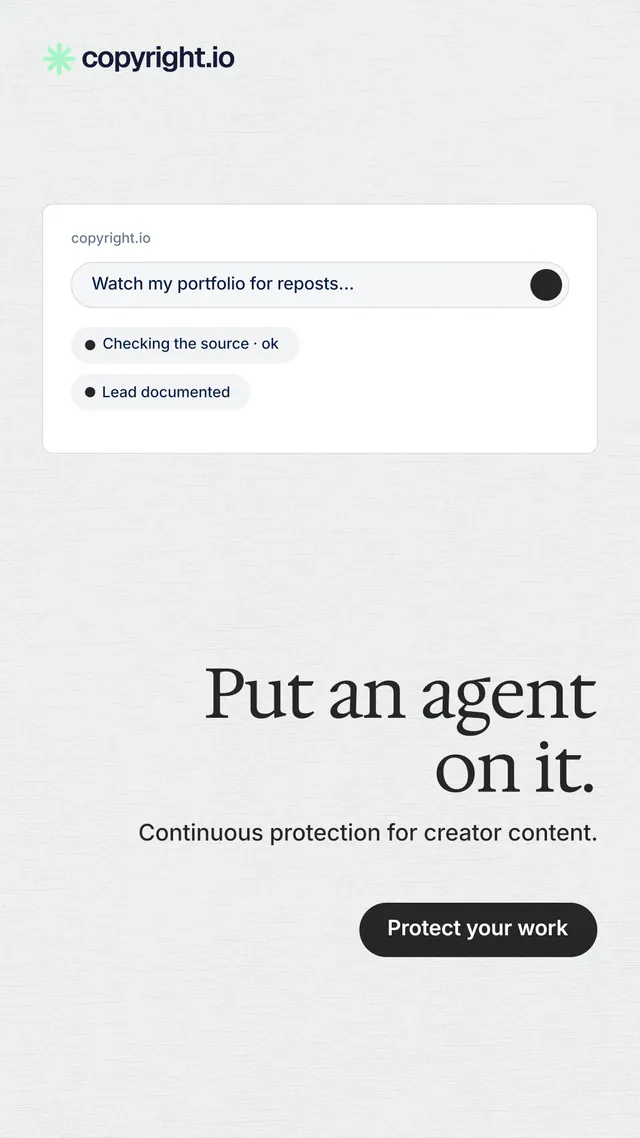 Instagram story for copyright.io: "Put an agent on it." Data card style, right layout, light palette in white.