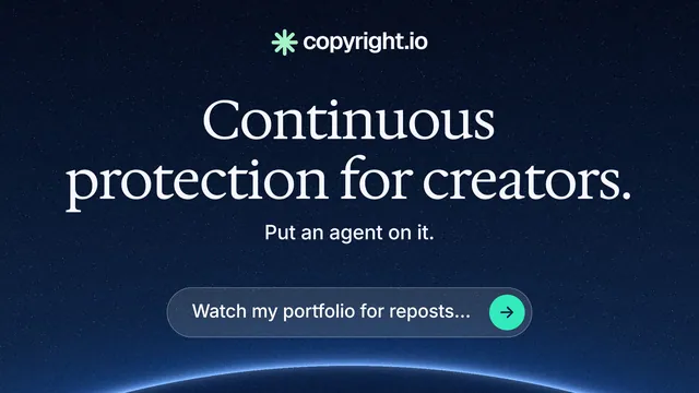 Landscape graphic for copyright.io: "Continuous protection for creators." Agentic glass style, centred layout, dark palette in black, blue.
