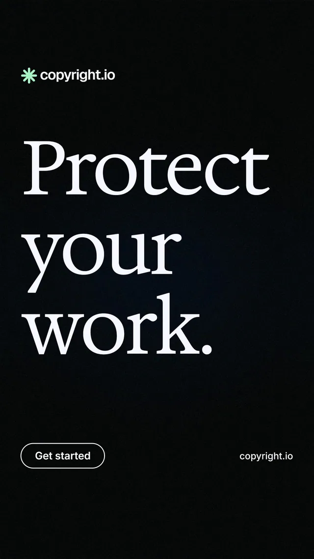 Instagram story for copyright.io: "Protect your work." Phosphor atlas style, poster layout, dark palette in black.